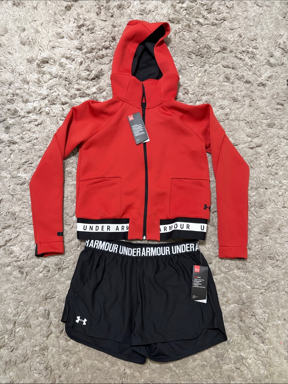 Under Armour Red Hooded Zip Jacket with Black Athletic Shorts Set